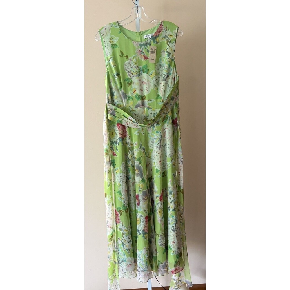Cold Water Creek Summer Garden Party Floral Maxi Dress Pale Green Flowy Belt 16